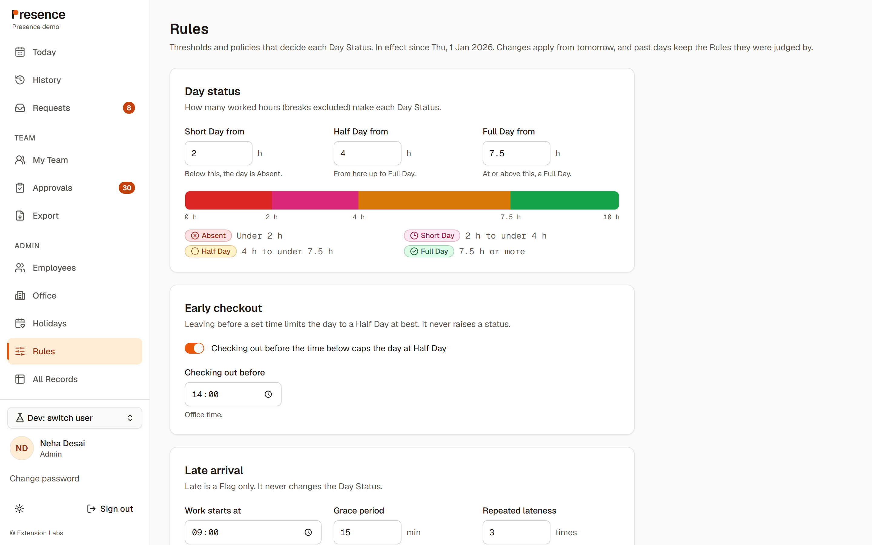 Admin: the real Presence Rules screen with the Day Status thresholds, Early checkout and Late arrival settings.