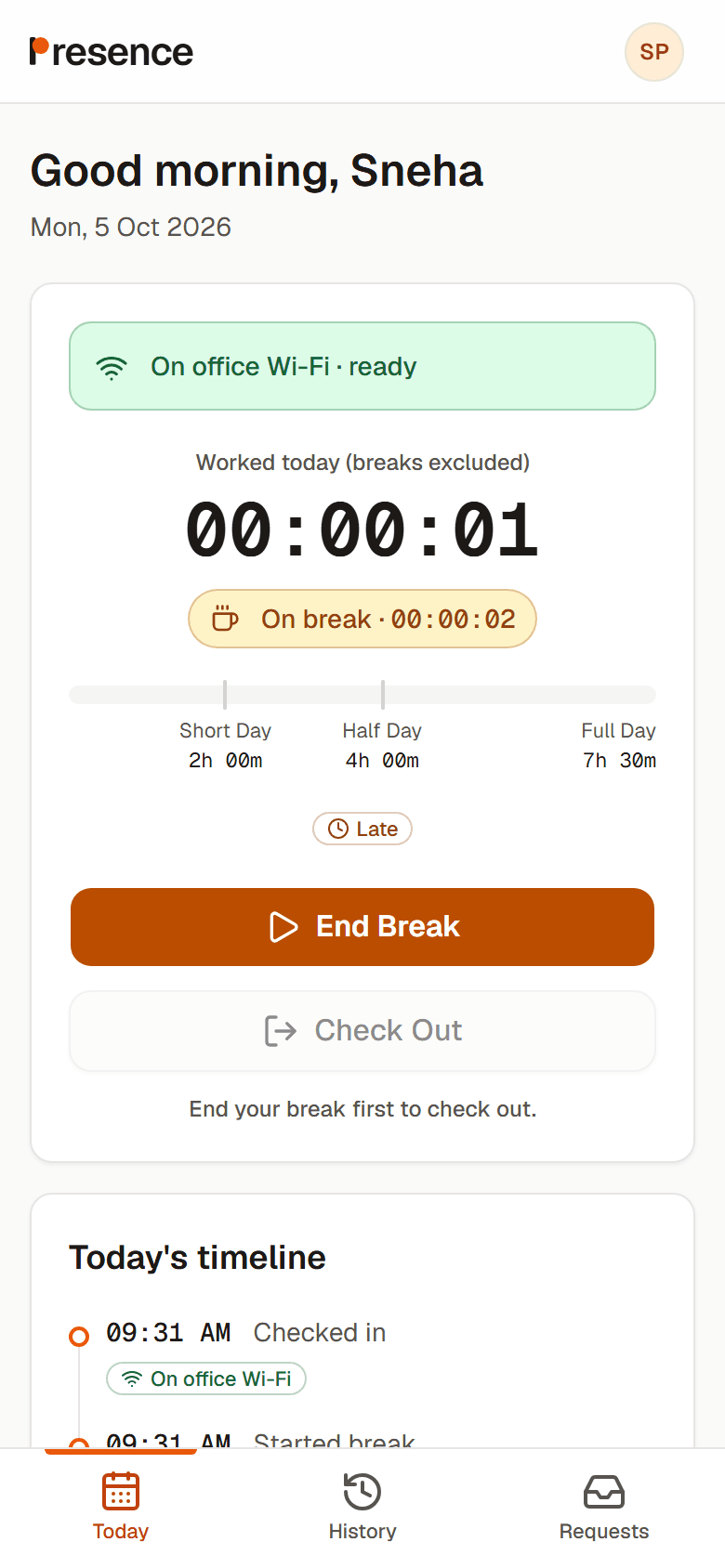 Employee: the real Presence Today screen on a break, with the worked-hours bar, the Late flag and the day’s timeline.