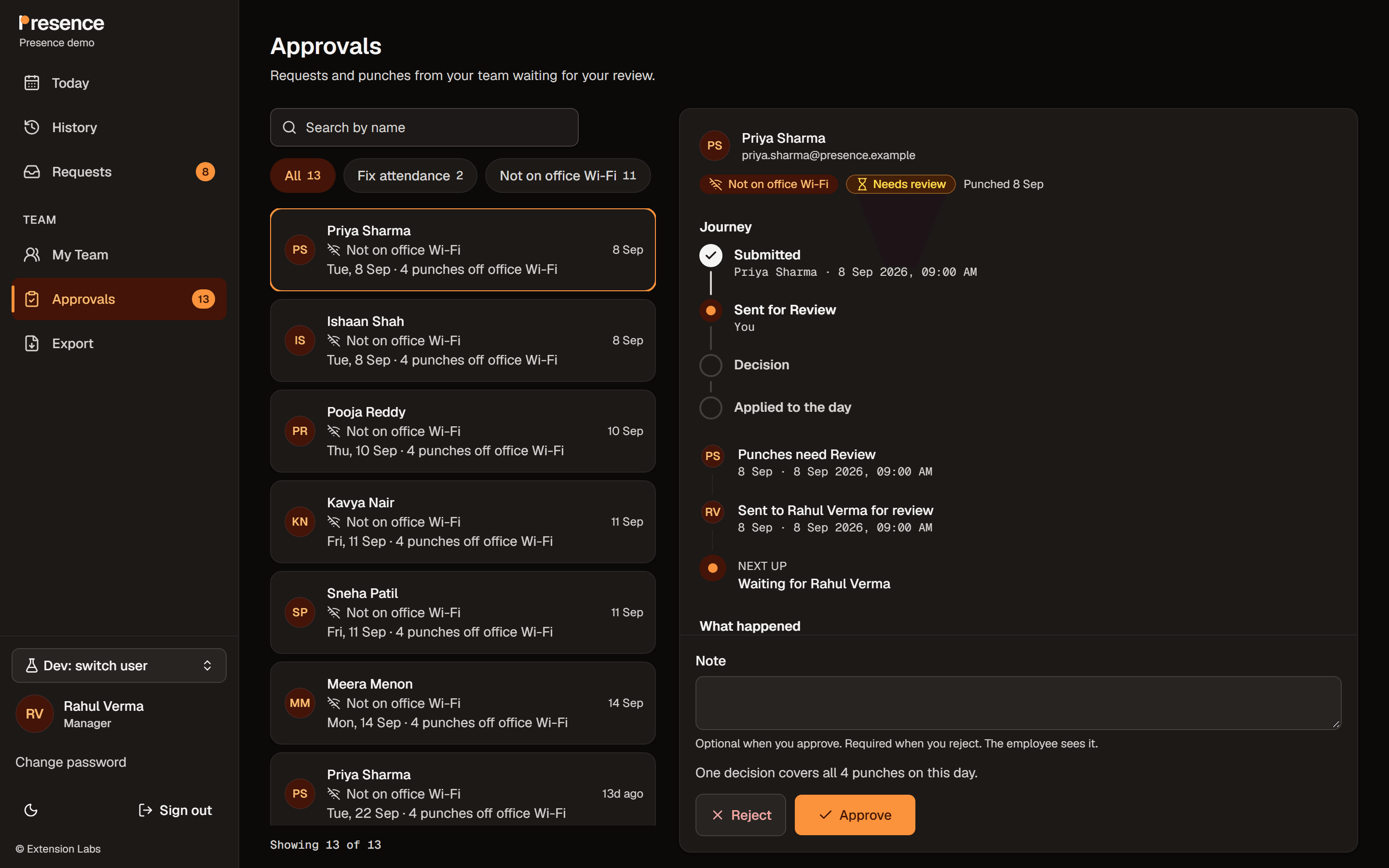 Manager: the real Presence Approvals screen with a Needs Review Punch, its location evidence and the Approve and Reject actions.