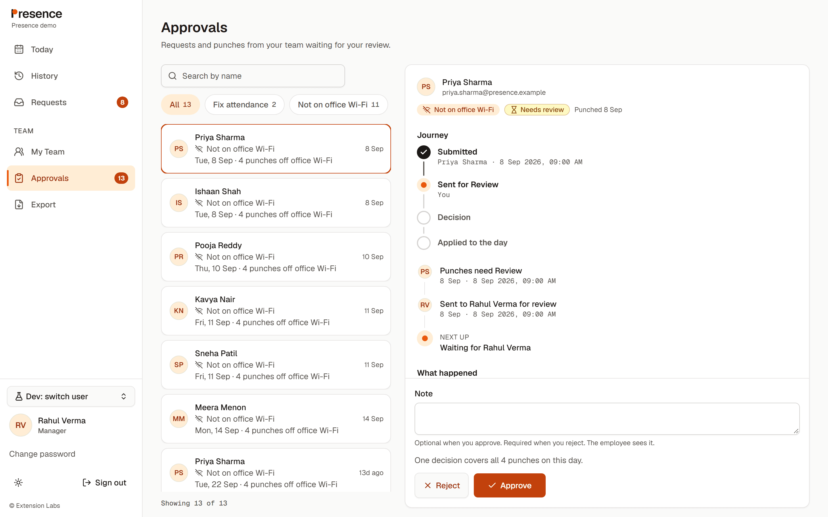 Manager: the real Presence Approvals screen with a Needs Review Punch, its location evidence and the Approve and Reject actions.